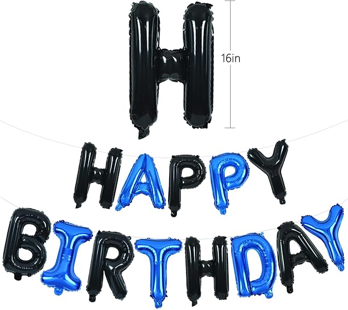 TONIFUL Happy Birthday Balloons Banner with Ribbon Straw, 16 Inch Mylar Letters Birthday Sign Banner Balloon Bunting Reusable for Girls Boys Kids & Adults Birthday Halloween Supplies（Black Blue）