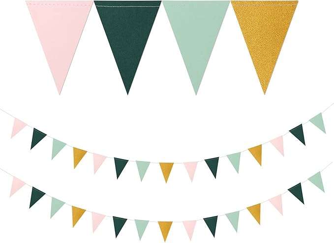 Sage Green Pink Gold Pennant Banner,2 Pack Paper Triangle Flags,Baby Bridal Shower Safari Birthday Tropical Jungle Party Decorations Wedding Bachelorette Engagement Bunting Lasting Surprise