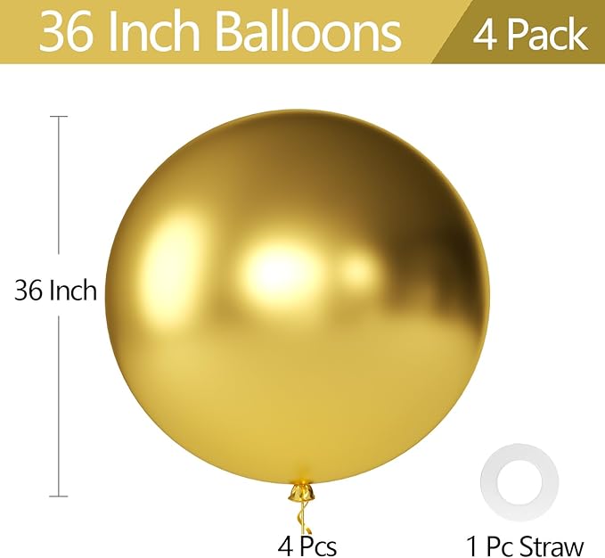 KALOR Metallic Gold Giant Balloons 36 Inch Large Latex Balloons, 4 Pack Jumbo Round Helium Balloon for Birthday Bridal Shower Wedding Baby Shower Party Decorations