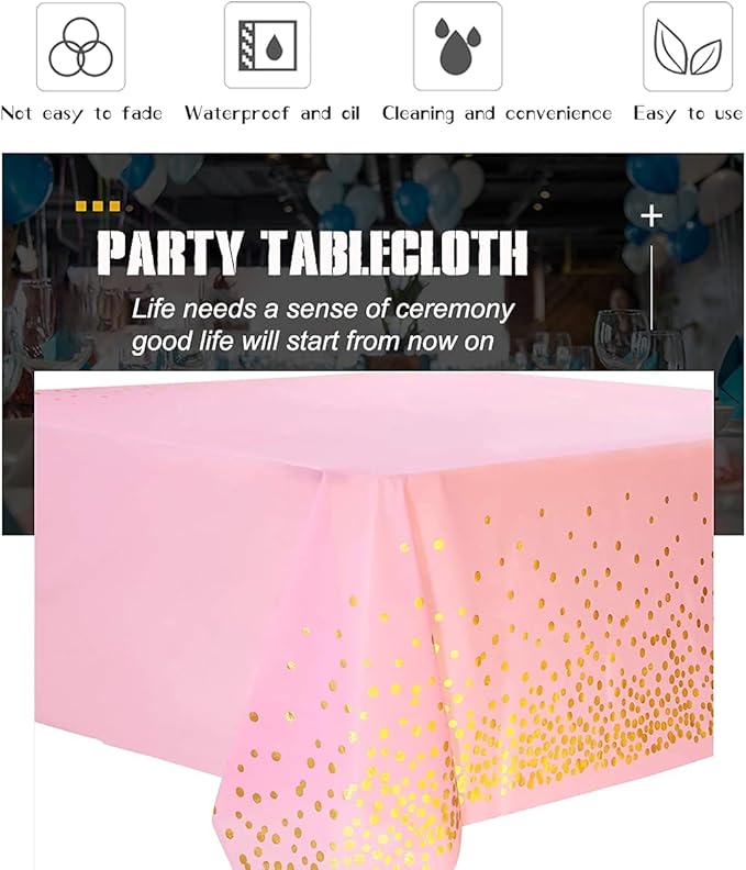 4 Pack Plastic Pink Tablecloth Disposable Pink and Gold Tablecloth for Rectangle Tables 54" x 108" Party Decorations Birthday Thanksgiving Christmas Valentines Wedding Outdoor BBQ Picnic (Pink)