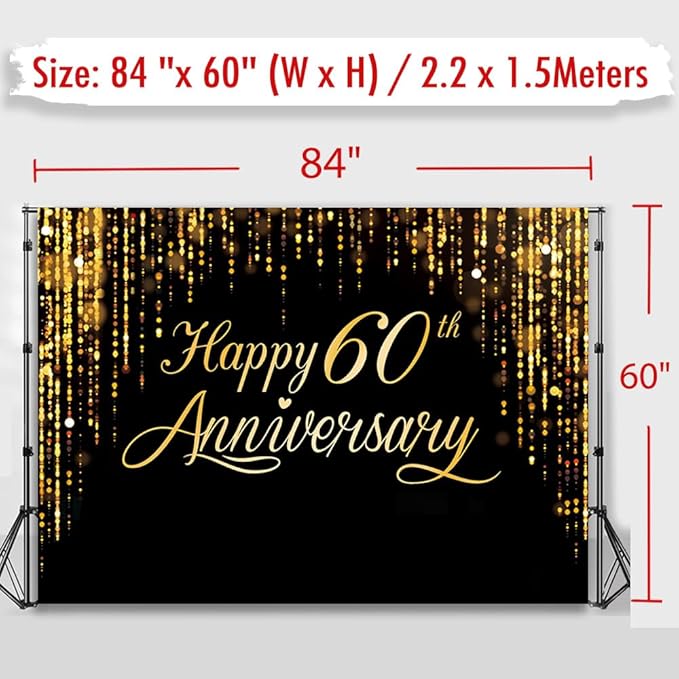 Happy 60th Annverisary Background Decorations Black Gold Backdrop Banner, Large Black Gold Photography Background Suitable for Wedding Anniversary Party Birthday Party Decoration 84 * 60''