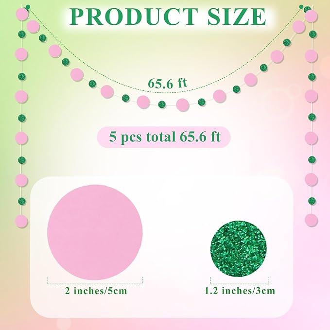 Outus 5 Pieces Pink,Green Round Dots Garland Easter Graduation Party Hanging Decor Each Length 13.1ft Glitter Paper Dot Streamers for Birthday Wedding Classroom