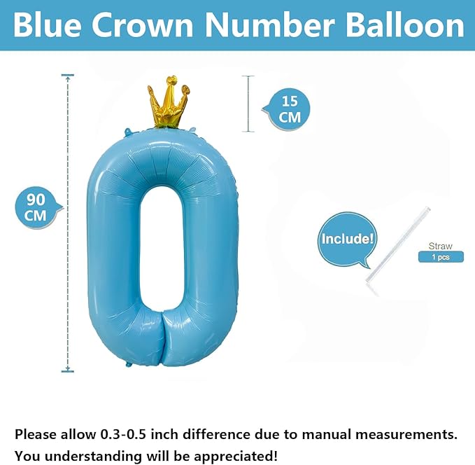 Blue Number 0 Balloon with Crown, 40 inch Blue Number Balloon 0th Birthday Party Decoration BlueCrown Balloons 0-9 for Birthday Party Anniversary Decorations Supplies