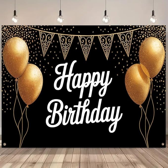 Happy Birthday Porch Banner 71x43 Inch, Large Black and Gold Balloon Backdrop with Confetti and Flags, Birthday Party Decorations for Indoor Outdoor Yard Patio Wall Hanging