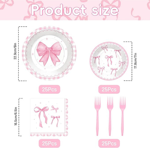 100 Pcs Pink Ribbon Bow Party Supplies Set - Serves 25, Watercolor Disposable Tableware, Includes Paper Plates, Napkins, Forks for Wedding, Bachelorette, Birthday, Girl’s Coquette-Style Themed Favors