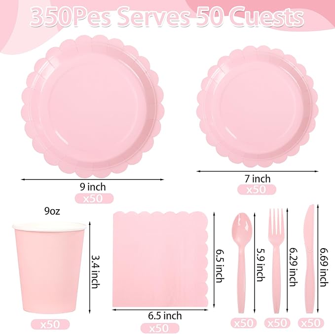 LIYH 350 Pcs Pink Paper Plates and Napkins - 50 Guest Light Pink Party Supplies Include Easter Scalloped Plates Cups Plastic Spoons Forks Knives for Baby Shower Birthday Party,Easter