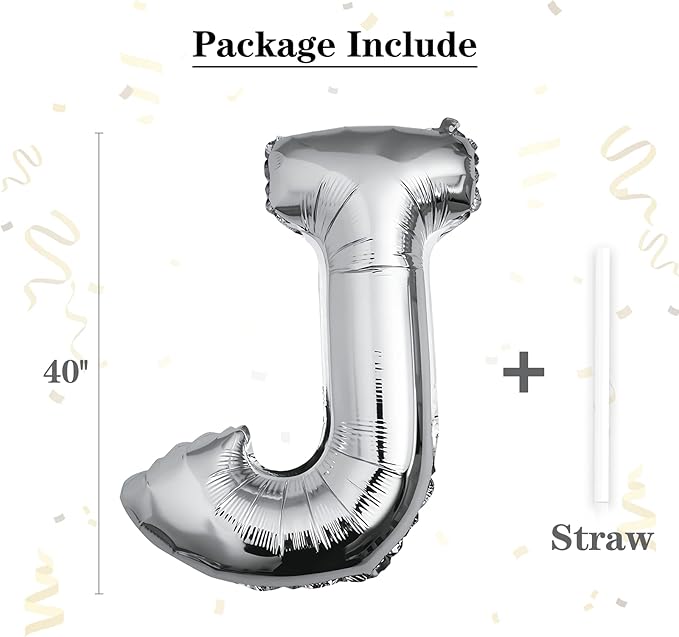 40 inch Silver Letter J Balloon, Big Size Alphabet Foil Mylar Helium Balloons for Birthday Party Celebration Wedding Anniversary Baby Shower Decorations Supplies Alphabet J
