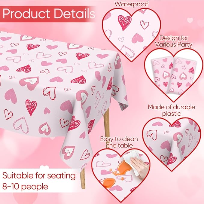 Valentines Tablecloth, 3Pack Valentines Day Tablecloth Decorations, 54x108 Inch Pink Heart Valentine Table Cloth Rectangle Disposable Table Cover for Valentine's Day Anniversary Wedding Party Supplies