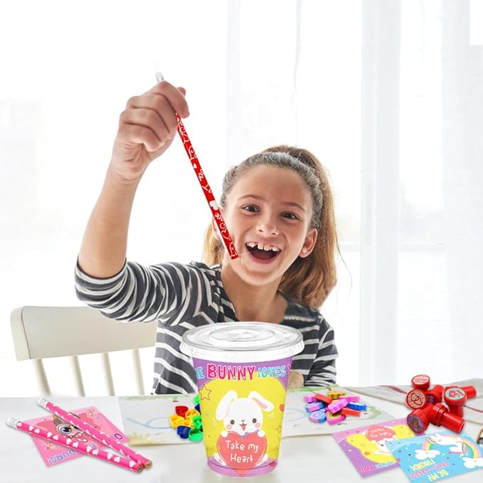 LUKBERA Valentine's Day Gifts for Kids - 24 Pack Valentines Classroom Stationery Set with Cards, Cups, Pencils, Erasers, Stampers & Stickers, Classroom Exchange Prize Boy Girls Party Favors
