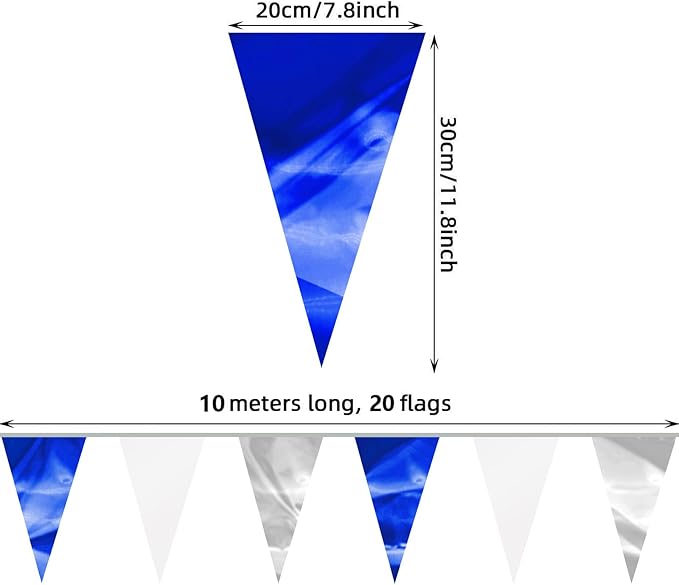 32.8FT Navy Blue White Silver Glitter Triangle Pennant Banner Flag Metallic Bunting Outdoor Garland for Christmas Graduation Wedding Bridal Shower Nautical Ahoy Achor Theme Party Decorations Decor