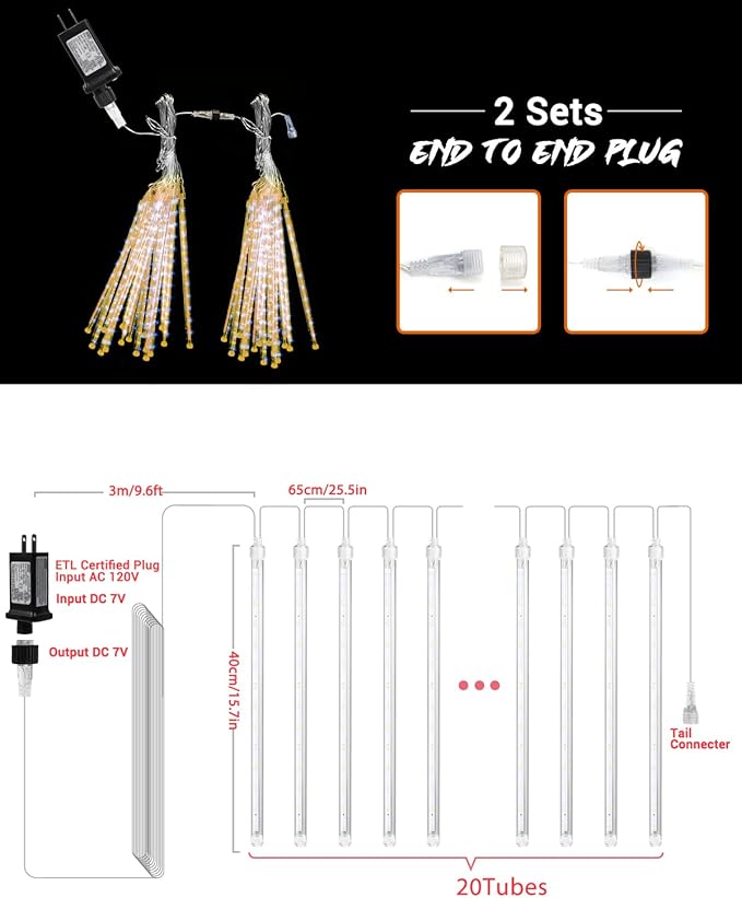 iBaycon 20 Tubes 640 LED Meteor Shower Rain Lights, 15.7 inches Cascading Icicle Lights Waterproof Outdoor, Connectable Falling Raindrop Light with Timer for Holiday Party Christmas Decorations