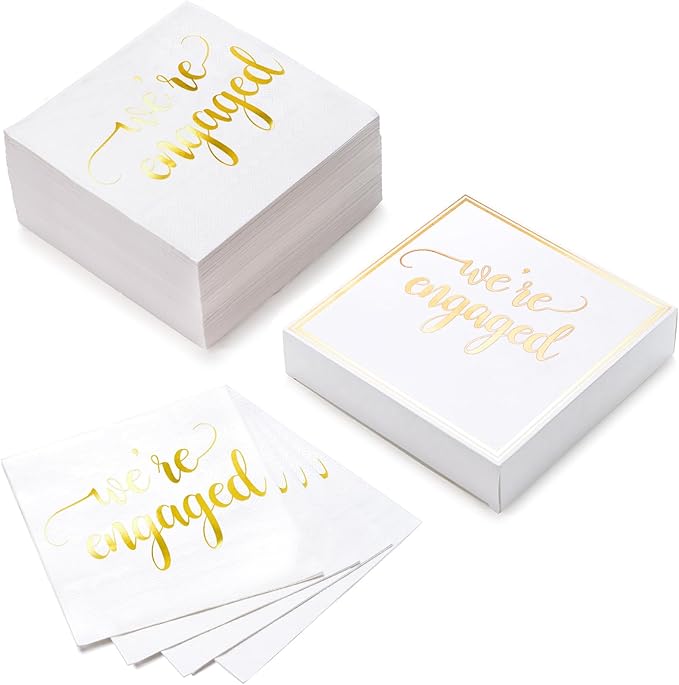 WRAPAHOLIC 50Pcs Gold We're Engaged Napkins - 3 Ply Disposable Paper Luncheon Napkin for Tableware Party Supplies - 6.5 x 6.5 In (Pack of 2)