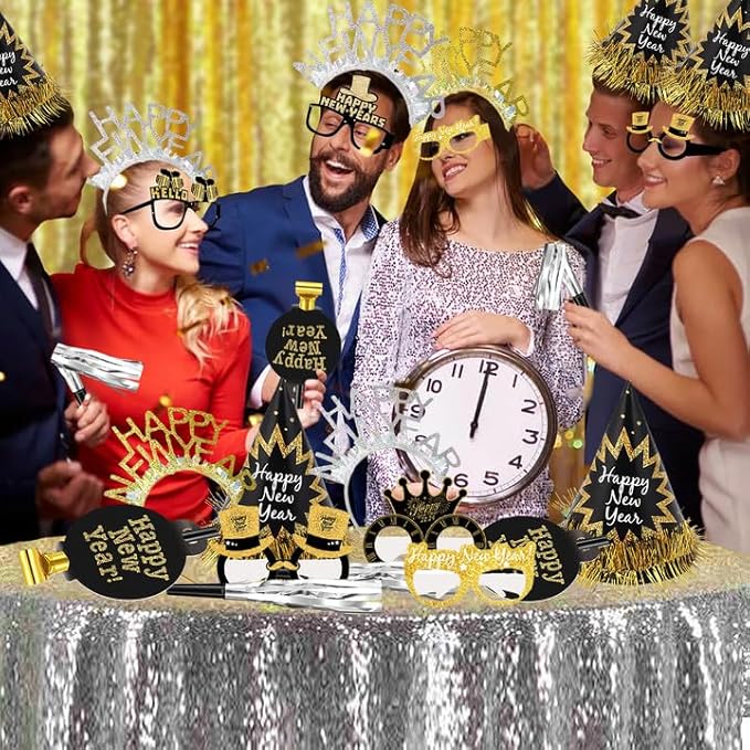 2026 New Year's Eve Party Supplies,36 Pcs Happy New Year Party Supplies Kit,Including 6 Hats, 6 Headband Tiara,12 Glasses,12 Noise Makers(Serve 12)