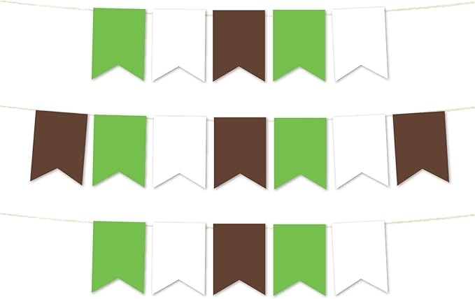 Andaz Press Hanging Pennant Banner with String, Kiwi Green, Brown, White, 1-Set, 24 Pennants, Approx. 12-Feet Long, Woodland Theme Colored Supplies
