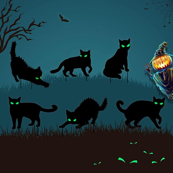 6Pack Halloween Black Cat Decorations Signs with Stakes Glow in the Dark Eyes，Scary Waterproof Cat Yard Lawn Signs for Patio Garden Outdoor Decor