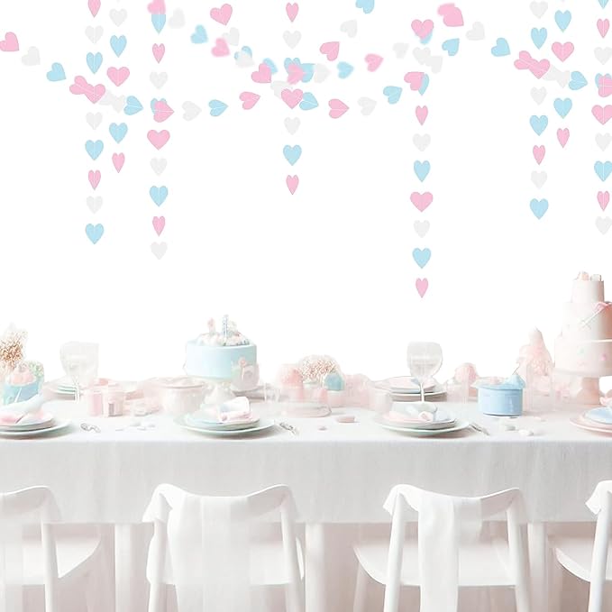 Blue Pink White Party-Decorations Gender-Reveal - 52Ft Paper Heart Garland Streamer Banner Birthday Decorations Baby Shower Decorations Gender Neutral Decorations Bridal Wedding HongTongTong
