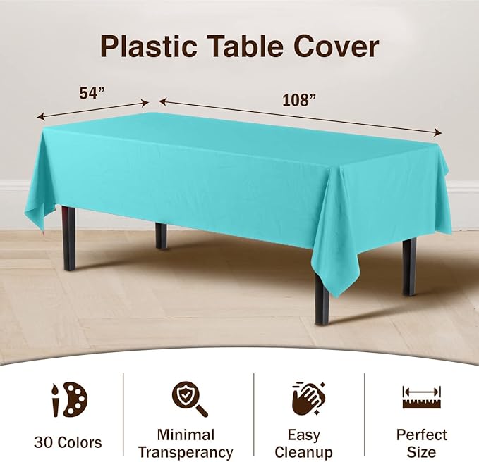 Exquisite Party Solids 6-Pack Premium Plastic Tablecloth 54in. x 108in. Rectangle Plastic Table Cover - Aqua