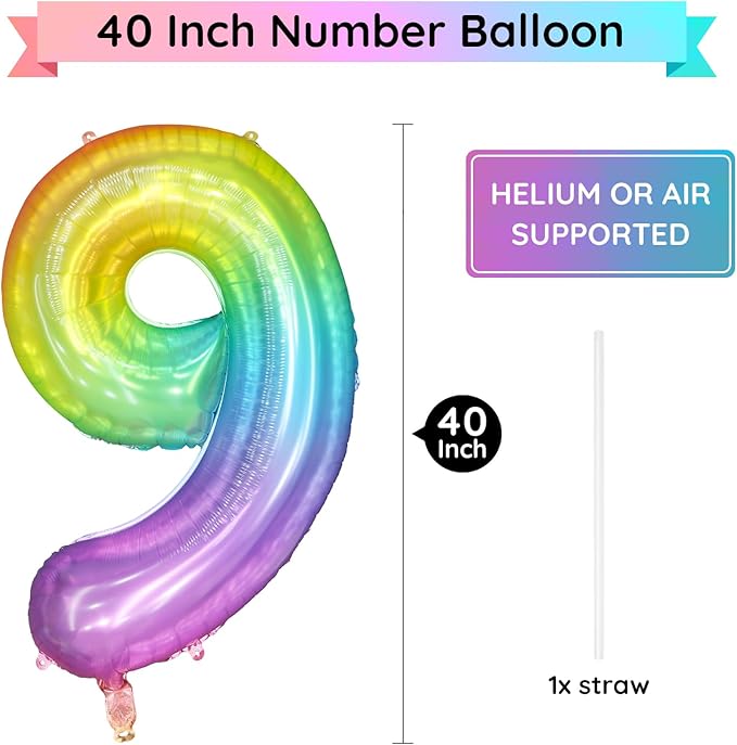 40 Inch Rainbow Number Balloon 9, Large Number Foil Balloons Mylar for Girl Boy Birthday Party Celebration Decorations Supplies, Digital Balloons for Wedding Anniversary Events Decorations