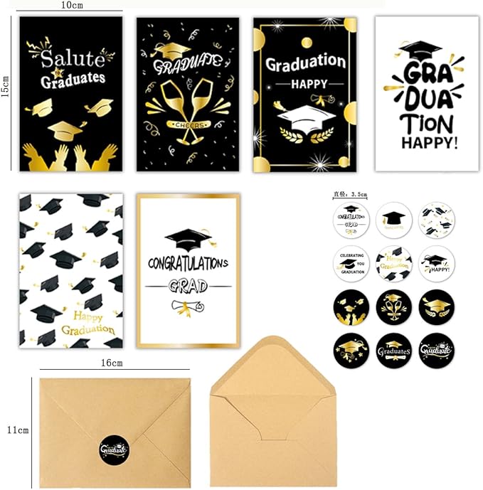 6 Pack Gold Foiled 5x7in 2025 Graduation Cards 2025 with Envelopes and Stickers,6 Elegant Designs Graduation Card Pack