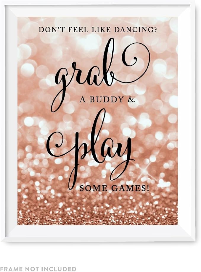 Andaz Press Wedding Party Signs, Glitzy Rose Gold Glitter, 8.5x11-inch, Don't Feel Like Dancing? Grab a Buddy and Play Some Games!, 1-Pack, Bokeh Colored Party Supplies