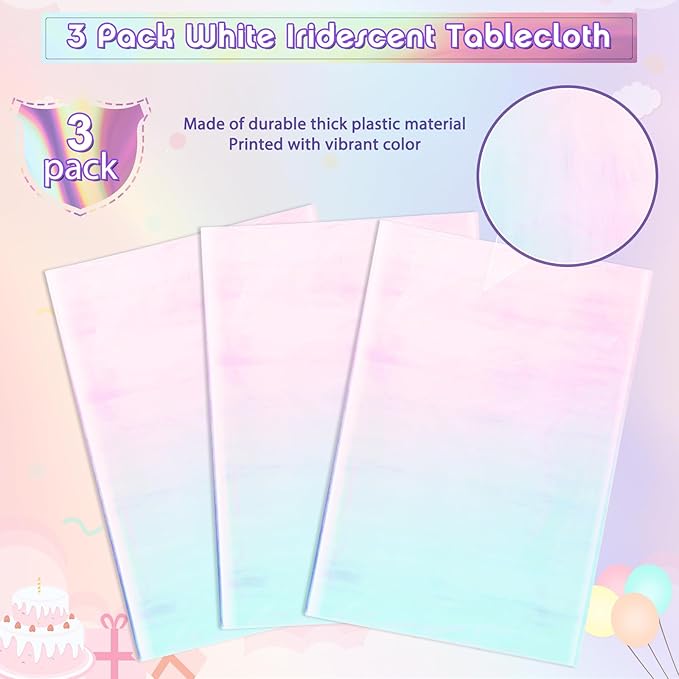 3 Pack Iridescent White Plastic Tablecloth, Shiny White Disposable Laser Rectangle Table Covers, Holographic Foil Tablecloth Party Decorations for Birthday Bridal Wedding Banquet, 40 x 108 Inch