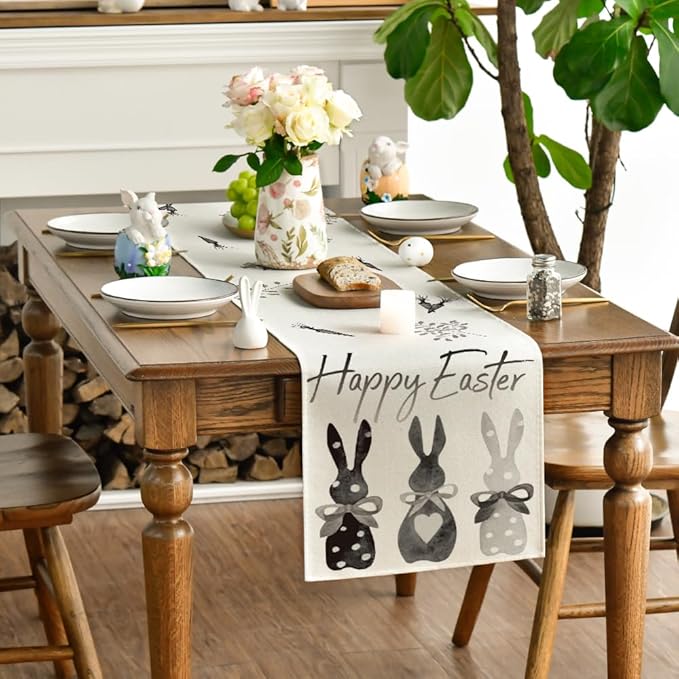 Artoid Mode Black Grey White Rabbit Bunny Happy Easter Table Runner, Spring Seasonal Holiday Kitchen Dining Table Decoration for Home Party Decor 13 x 72 Inch