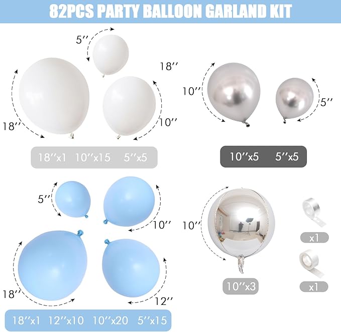 Blue White Balloon Arch Kit Baby Blue White Silver Balloon Garland 4D Silver Foil Balloons Pastel Light Blue Silver Latex Balloons Christening Boy Birthday Baby Shower Party Decorations QQ-113