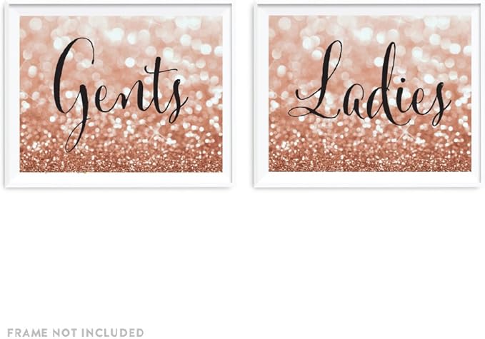 Andaz Press Wedding Party Signs, Glitzy Rose Gold Glitter, 8.5x11-inch, Ladies, Gents Bathroom Restroom Signs, 2-Pack, Bokeh Colored Party Supplies