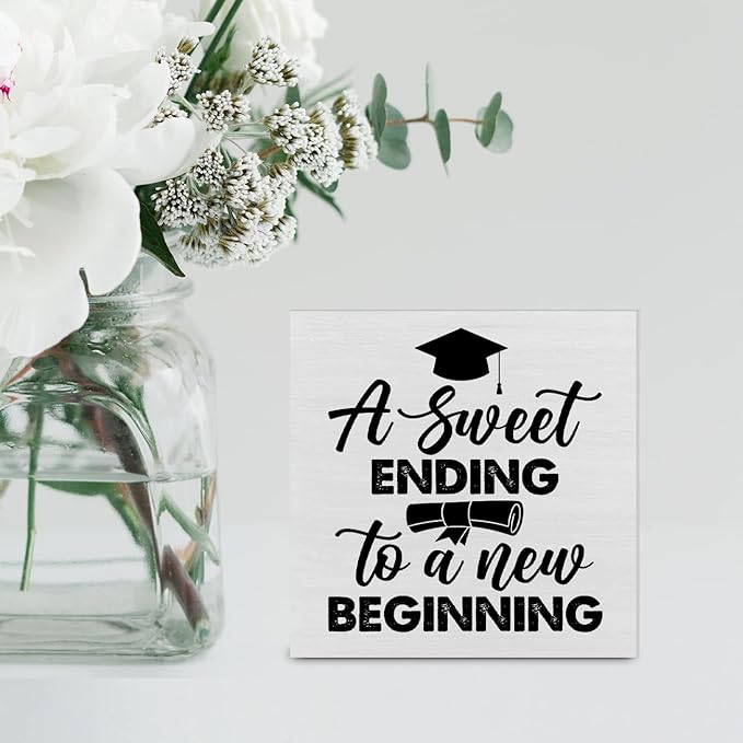 Graduation Wood Box Sign Decor Desk Sign Graduate a Sweet Ending to a New Beginning Wooden Box Block Sign Rustic Home Graduation Party Decoration Grad Gift