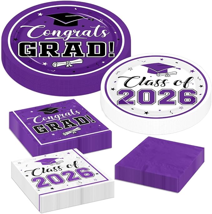 Graduation Party Plates and Napkins Purple Class of 2026 Grad Congrats Party Supplies Disposable Dessert Paper Plates Cocktail Napkins forGraduation Party Decorations,Serve 50