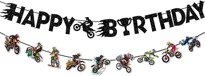 Zwiebeco Motorcycle Happy Birthday Party Decoration Banner Bunting Garland Hanging Paper for Harley Inspired Dirt Bike Racing Theme Boys Girls Men Women Kids Adults Birthday Decor Accessories Supplies
