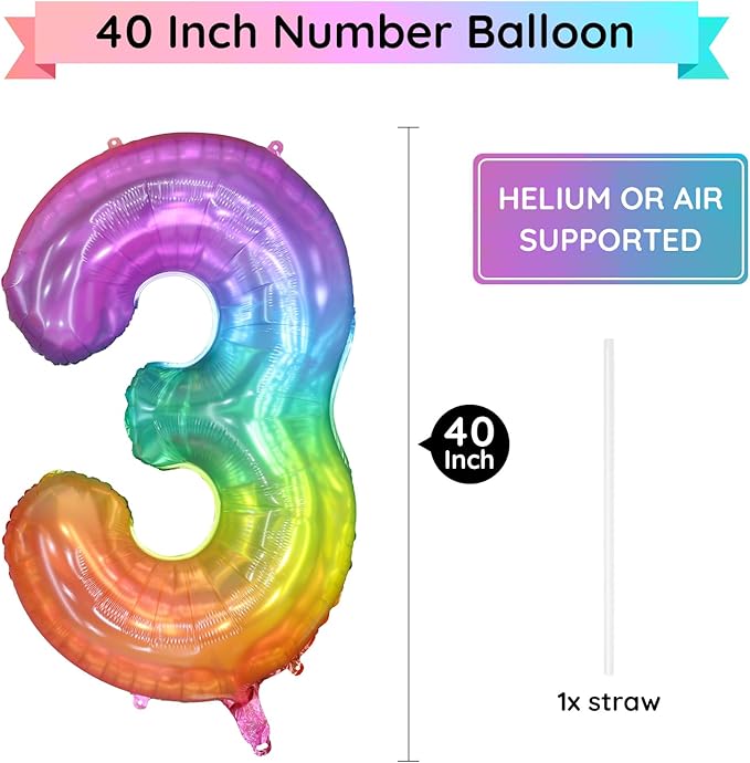 40 Inch Rainbow Number Balloon 3, Large Number Foil Balloons Mylar for Girl Boy Birthday Party Celebration Decorations Supplies, Digital Balloons for Wedding Anniversary Events Decorations