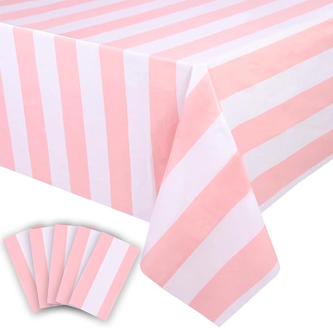 Kesfey 5 Packs Pink and White Horizontal Striped Table Cloth 54 x 108 Inches Pink Stripe Tablecloths Disposable Plastic Stripe Table Covers Waterproof Rectangle Picnic Tablecover for Birthday Party