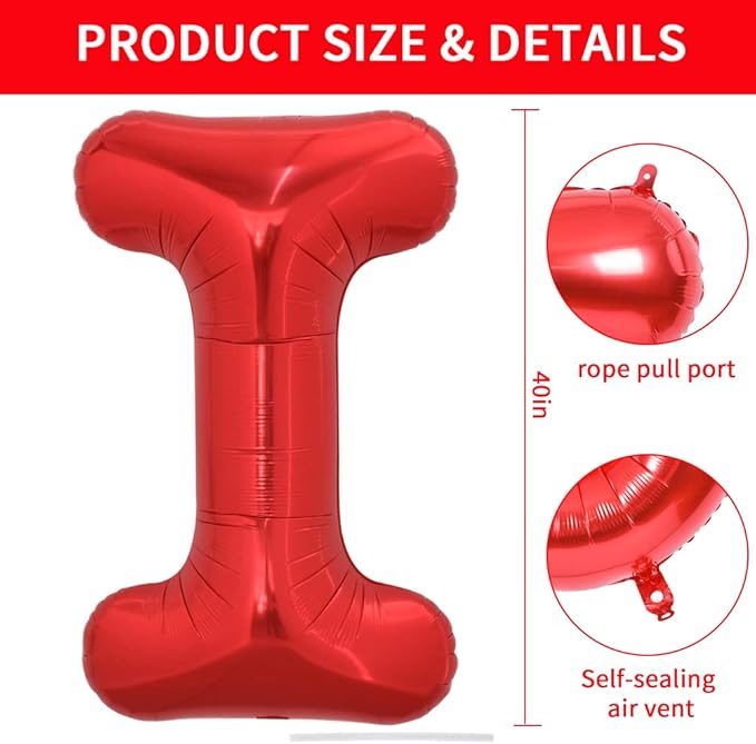 TONIFUL 40 Inch Large Bright Red Letter Balloons A-Z, Giant Jumbo Helium Foil Mylar Big Letter I Balloons for Birthday Party Anniversary Wedding Decorations