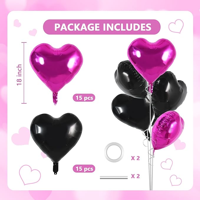 TONIFUL 30Pcs 18 Inch Black Hot Pink Balloons Black Rose Pink Heart Shape Foil Mylar Banners Decoration for Birthday Valentine's Day Wedding Bridal Shower Anniversary Engagement Party Supplies