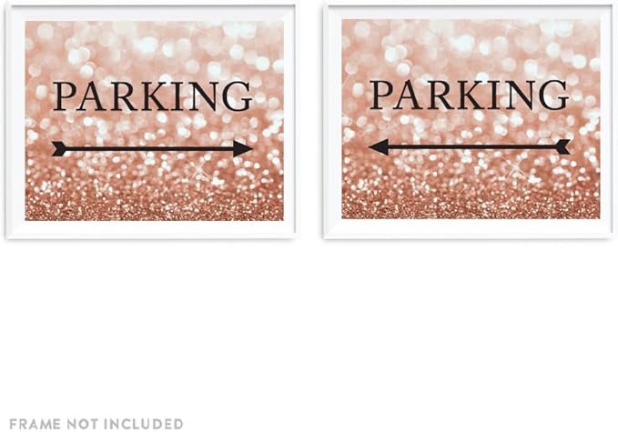 Andaz Press Wedding Party Directional Signs, Glitzy Rose Gold Glitter, 8.5x11-inch, Double-Sided, Parking with Big Arrow, 1-Pack, Bokeh Colored Party Supplies
