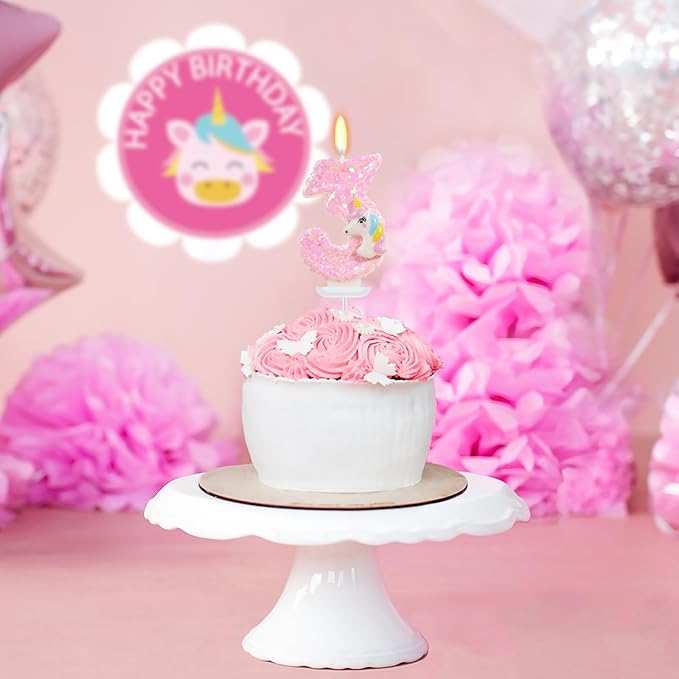 Birthday Candles - Number 3 Candle, 3rd Birthday Decorations for Girls, Pink Candles for Cake Topper, Cartoon Theme Party Supplies