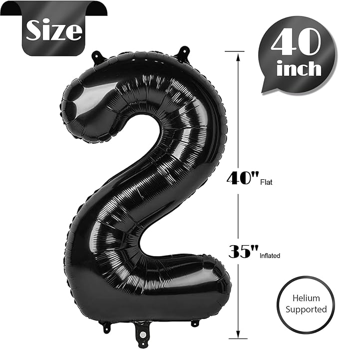 Black Number 2 Balloon 40 Inch, 2 Balloon Number, 2nd Birthday Decorations for Baby Girls Boys Toddlers