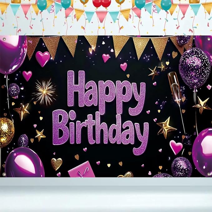 Birthday Banner 71 x 43 Inch, Large Happy Birthday Party Backdrop, Purple and Gold Glitter Birthday Decorations for Women Girls