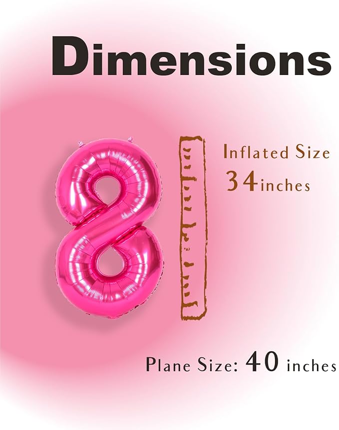 SUWEN 40 Inch Hot Pink Large 8 Number Balloons Big Foil Helium Number Balloons 0-9 Jumbo Happy 8th Mylar Birthday Party Decorations for Girl Anniversary Party Supplies