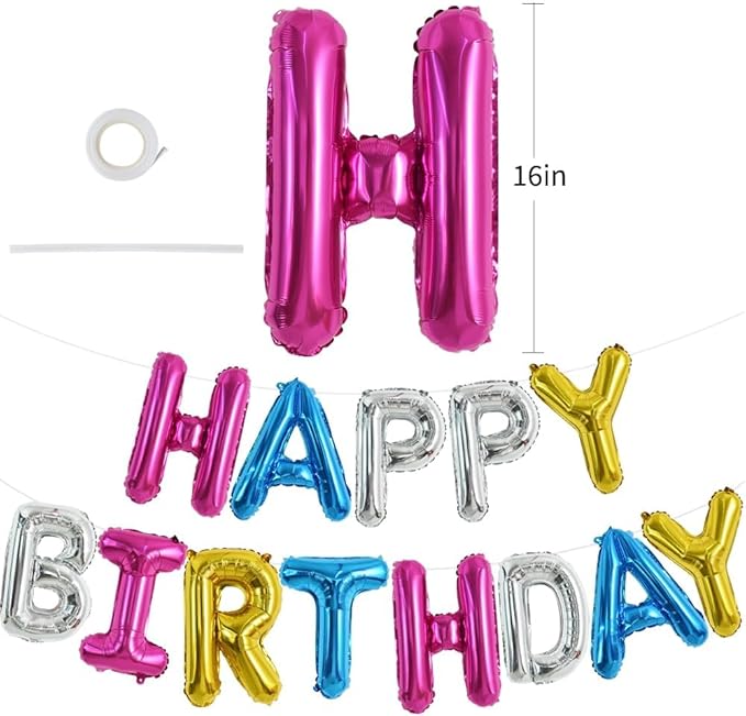 TONIFUL 16 Inch Mylar Letters Birthday Sign Banner Balloon,Happy Birthday Balloons Banner with Ribbon Straw Bunting Reusable for Adults & Girls Boys Kids Birthday Halloween Supplies（Rainbow）