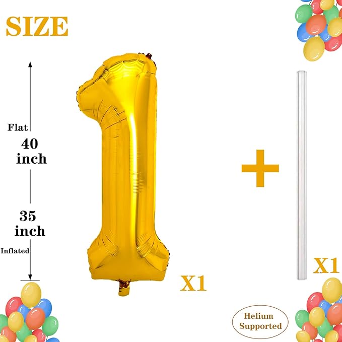 40 Inch Gold Large Number 1 Balloon for 1st Birthday Decoration, Giant Jumbo Self Inflating Foil Number Balloons 0-9 for Boys Girls 1 Helium Balloons for Women Men Party Anniversary Supplies