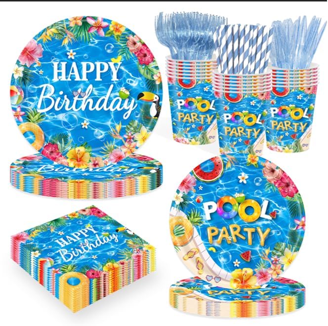 192PCS Summer Pool Birthday Party Supplies Serves 24, Blue Disposable Tableware Set Plates Cups Napkins Cutlery Straws for Men Women Boys Girls Pool Birthday Party Decorations