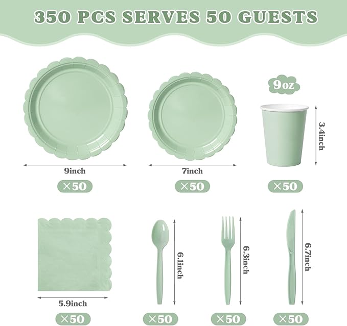 Vyntra 350 Pcs Sage Green Birthday Paper Plates and Napkins Set for 50 Guests, Disposable Party Supplies
