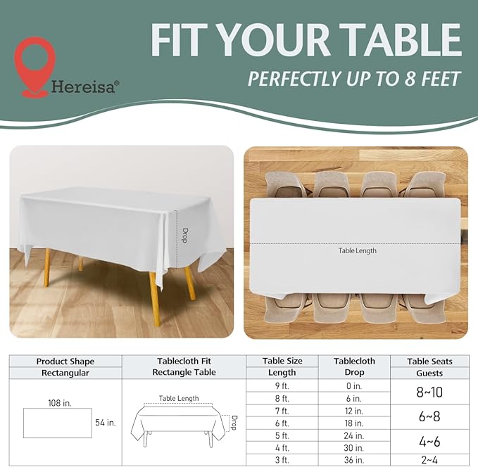 Disposable Plastic Tablecloth 54x108 Inch Rectangle - White, 4 Pack Waterproof & Tear-Resistant Party Table Cover for Dining, Picnic, Crafts, Holiday Decor