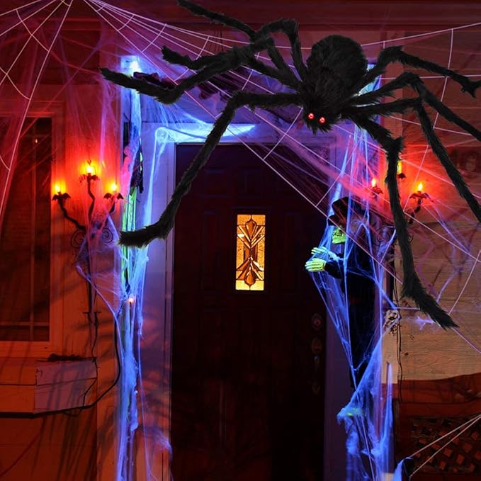OCATO 200" Halloween Spider Web + 59" Giant Spider Decorations, Fake Spiders with Triangular Huge Spider Web, Indoor/Outdoor/Halloween Decorations/Yard/Home/Costumes Parties/Haunted House Decor, Black