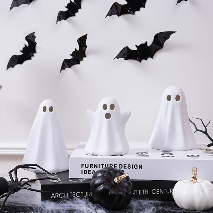 [Timer]Light Up Ghost Halloween Decor, 3 Pack Ceramic Halloween Ghost Decorations Indoor, Ceramic White Ghost Figurines Ghost Statue Cute Ghost Sculpture Spooky Halloween Decor for Home Table Tray