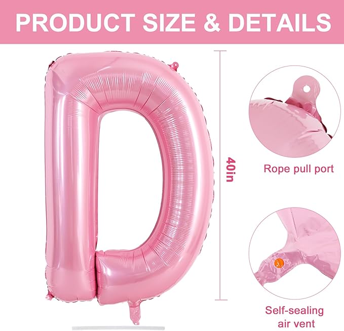 TONIFUL 40 Inch Large Pink Letter D Balloons Giant Foil Mylar Alphabet Balloon for Birthday Party Anniversary Baby Shower Wedding Supplies Decorations