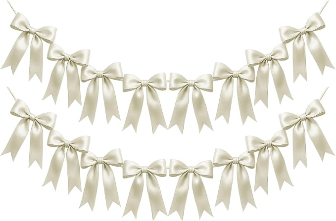2 Strings of 16PCS Ivory White Bow Garland Banner Decoration,Pre-Strung Satin Ribbon Ornaments for Birthday,Bachelorette Party,Bridal Shower,Wedding,Engagement,Baby Shower,Graduation Decor,Anniversary