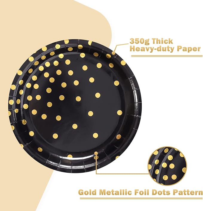 Black and Gold Party Supplies, Black Paper Dessert Plates for Birthday Graduation (50-Count)